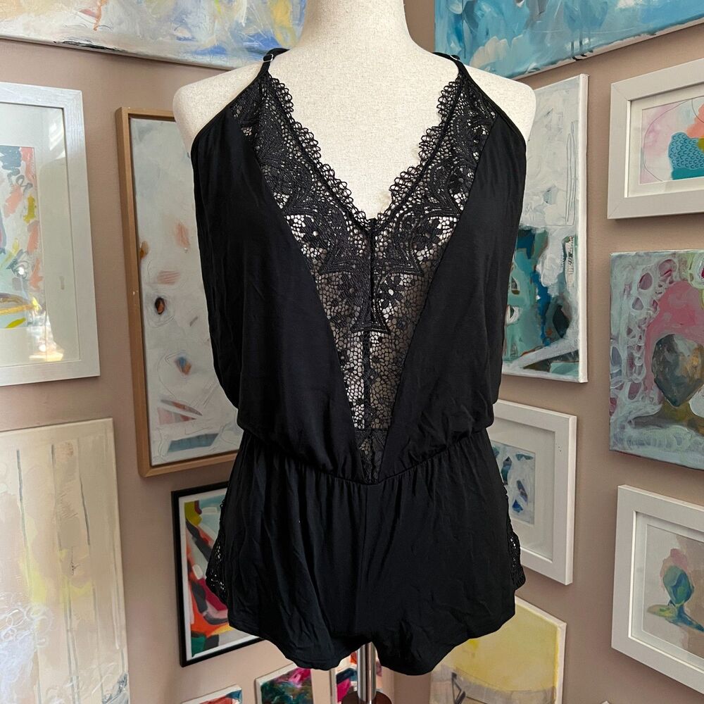 Victoria’s Secret Black Lace Plunge Romper Strappy Back Lingerie Whimsygoth Sz S